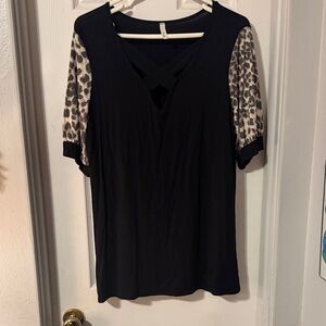 Celeste Black Short Sleeve Top with Leopard Print Sleeves